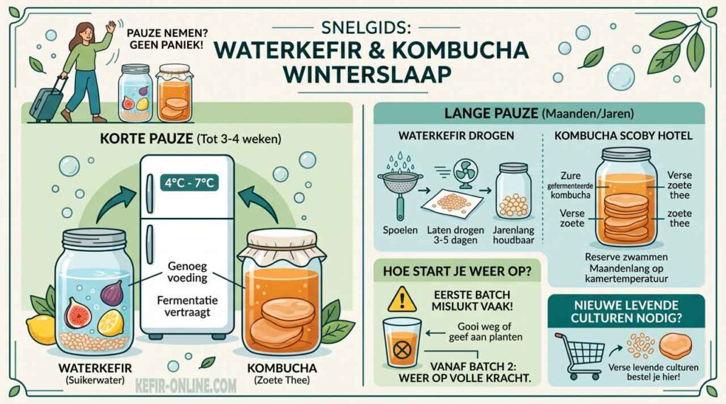 Waterkefir en kombucha bewaren tijdens vakantie en pauze